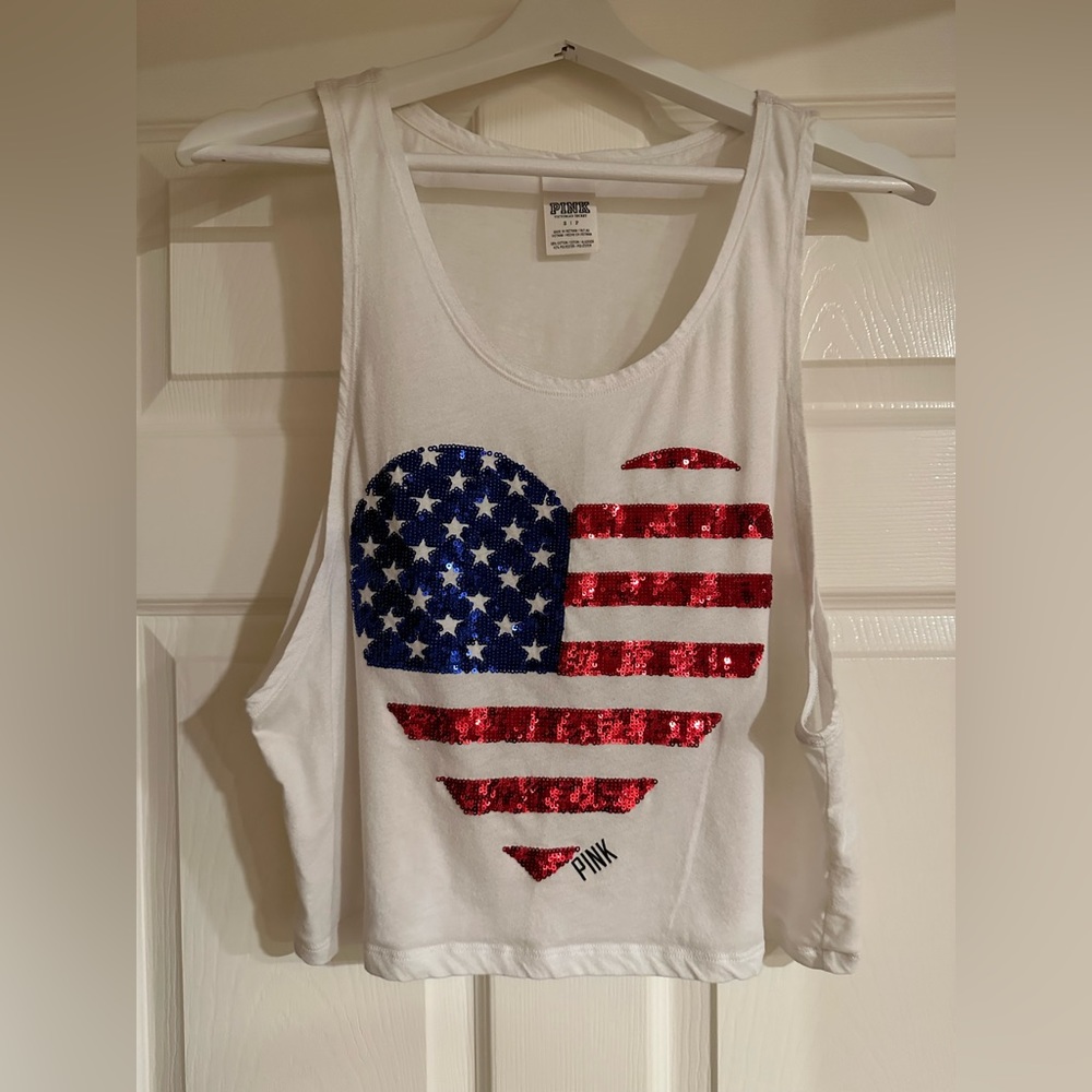 Pink Victoria’s Secret sequin American flag white crop top, sz small. GUC.